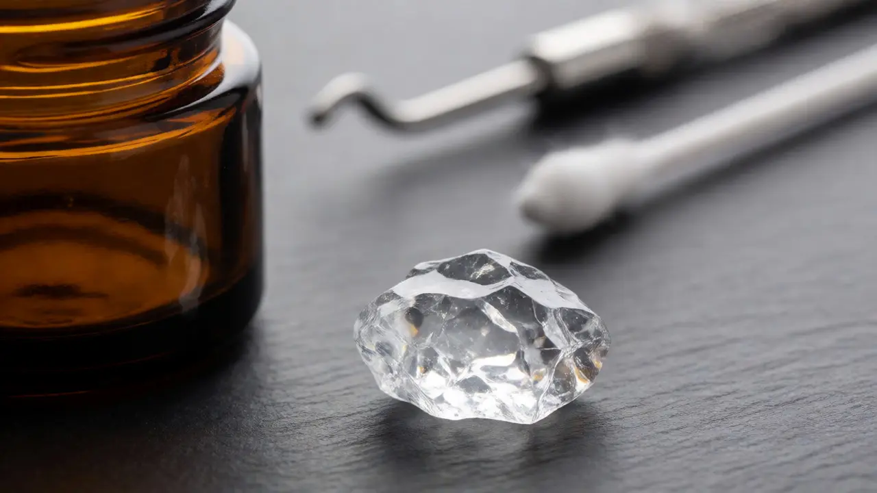 Kus průhledného CBD shatteru vedle skleněné dózy