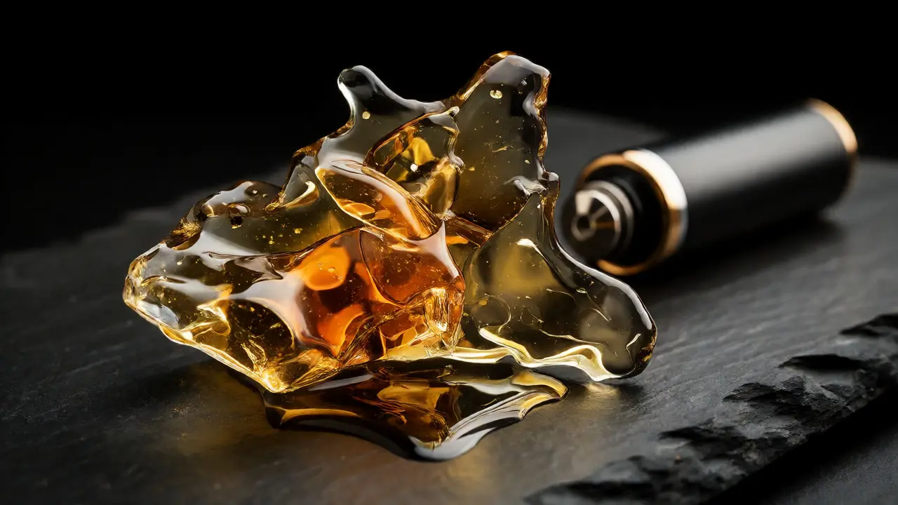 Makro fotografie čirého jantarového CBD shatteru vedle vaporizéru na tmavém pozadí.