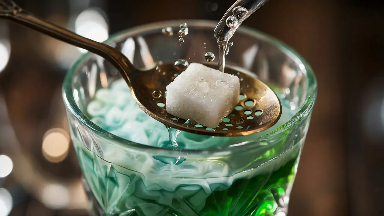 Makro pohled na rituál ředění absintu vodou