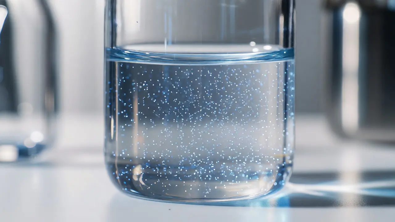 Makro záběr na čirý konopný nápoj s viditelnými mikročásticemi nanoemulze ve skle.