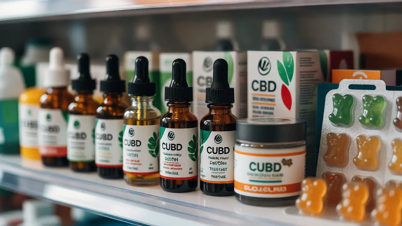 Různé formy CBD produktů na police lékárny