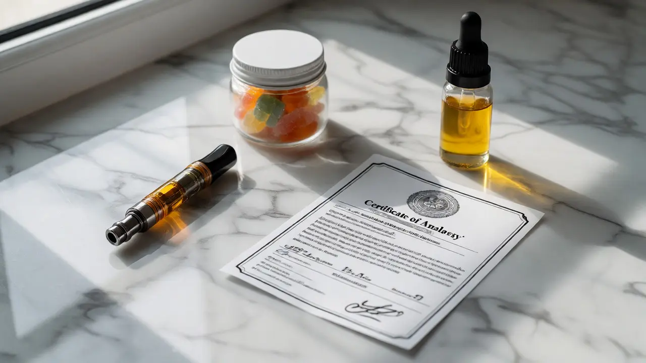 Vapery, gumové medvídky a olej na mramoru spolu s certifikátem analýzy pro kontrolu kvality.
