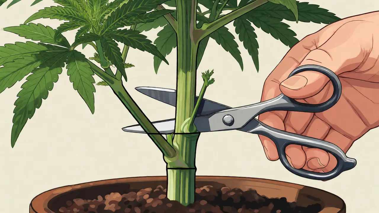 Ilustrace stříhání spodních větví konopí nůžkami při lollipoppingu