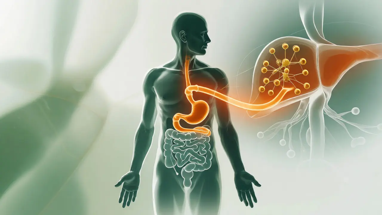 Ilustrace trávení a metabolizace CBD v lidském těle s důrazem na játra