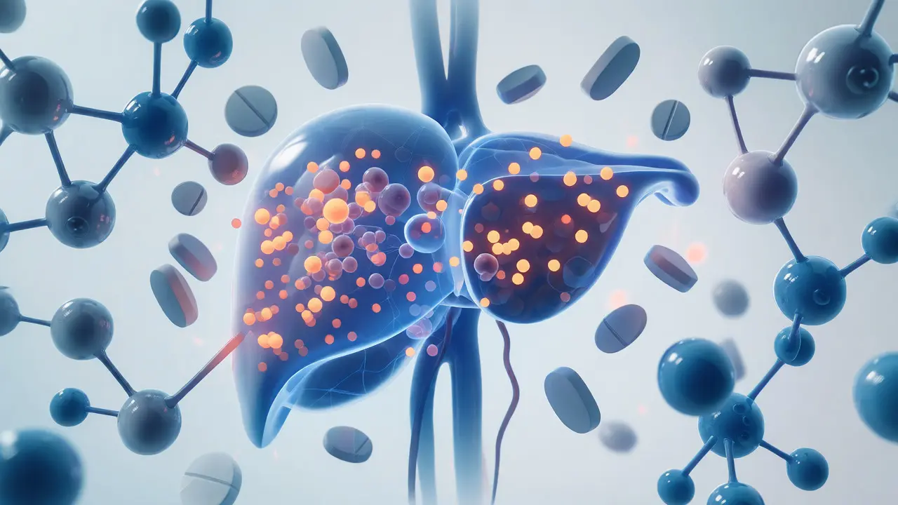 Konceptuální ilustrace interakce CBD s játry a léky na molekulární úrovni.