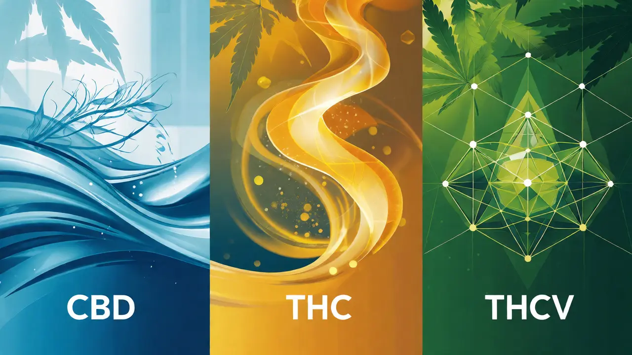 Konceptuální ilustrace porovnávající účinky CBD, THC a THCV
