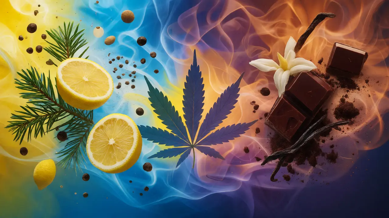 Konceptuální ilustrace terpenových profilů a účinků odrůd Cookies