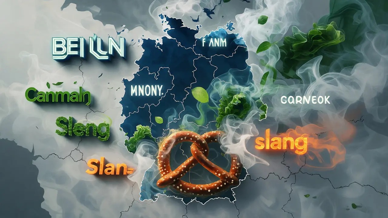 Konceptuální mapa Německa tvořená kouřem a listy konopí