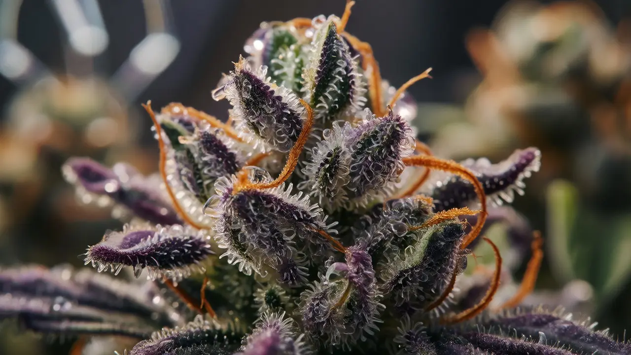 Makro snímek pupenu Girl Scout Cookies s lesklými trichomy
