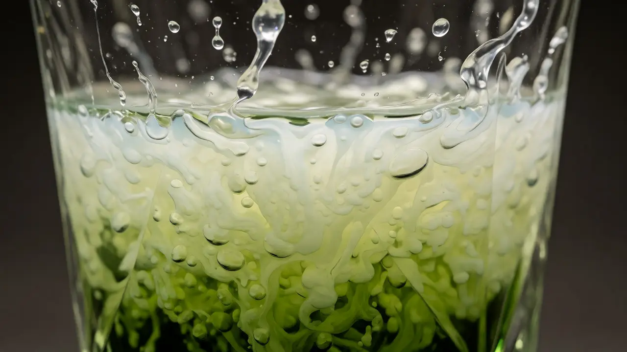 Makro záběr na proměnu absintu z čiré zelené do mléčně bílé emulze při ředění vodou.