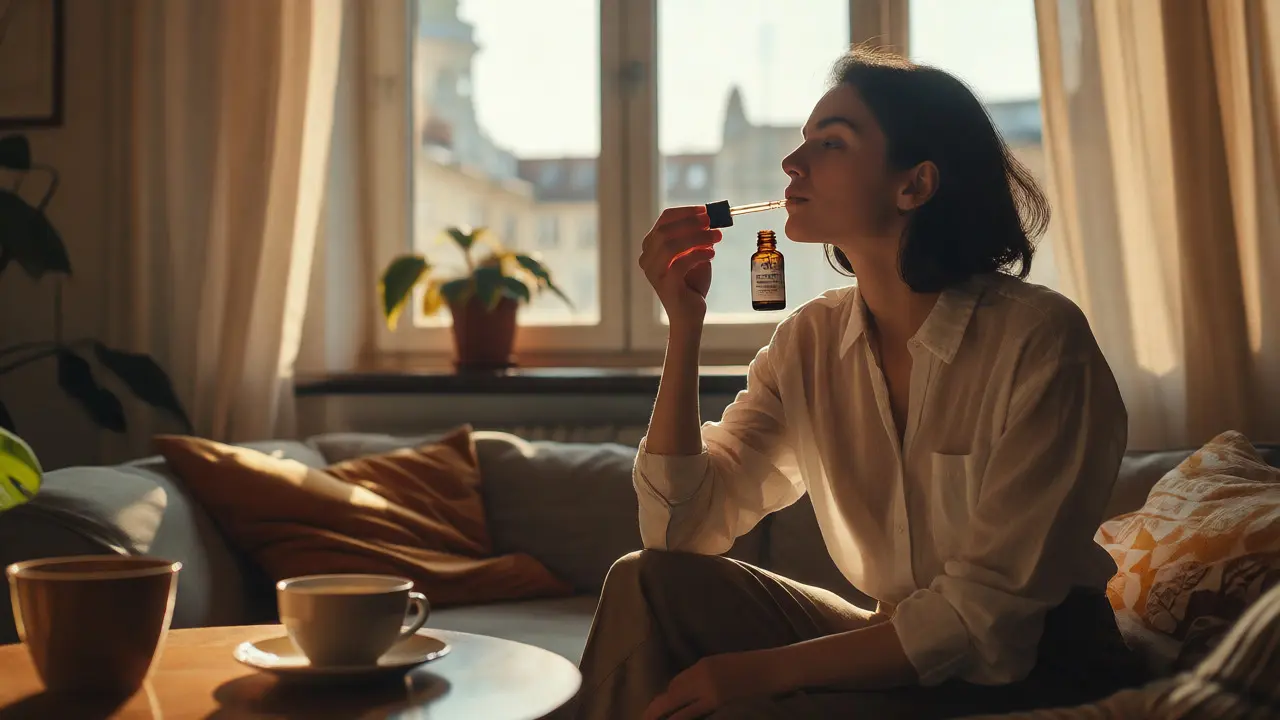 Mladá žena užívající kapky H4CBD v klidném obývacím pokoji
