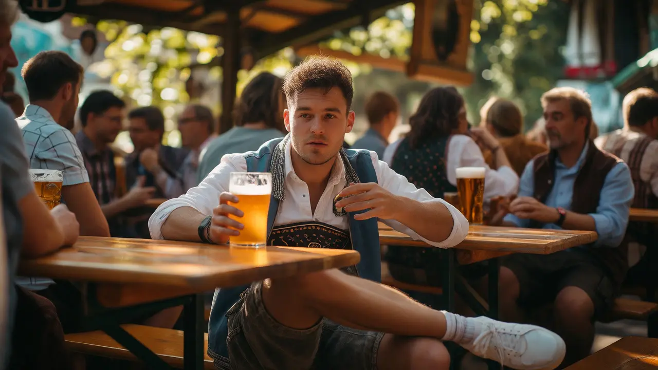 Mladý muž s pivem a jointem v bavorské hospodě