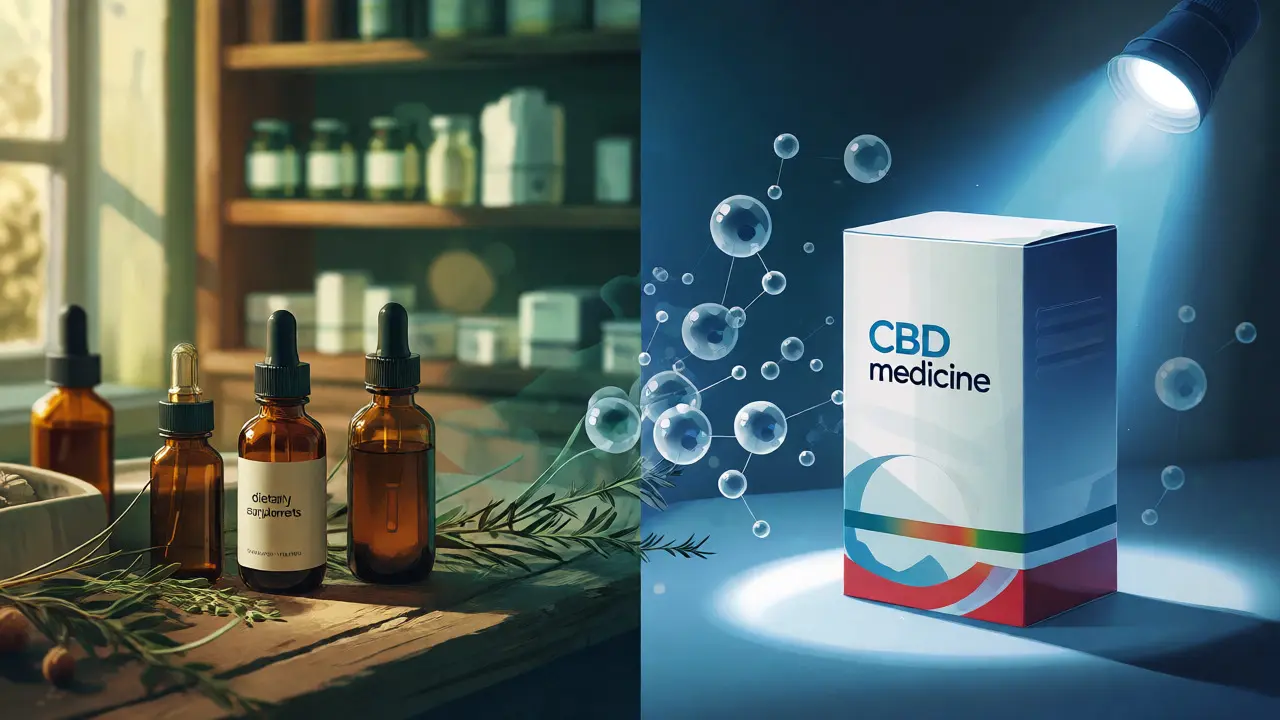 Rozdělená scéna ukazující bylinné doplňky a farmaceutické balení