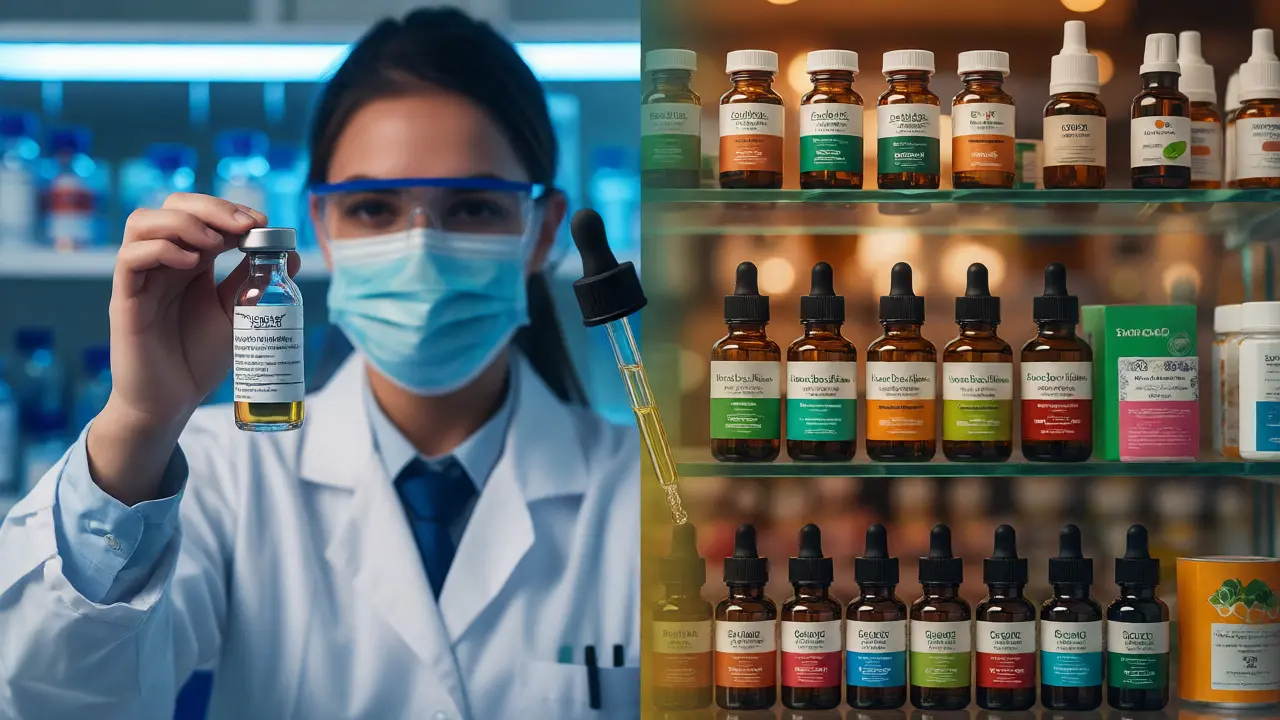 Rozdělený obraz laboratoře s lékem a lékárny s doplňky stravy CBD