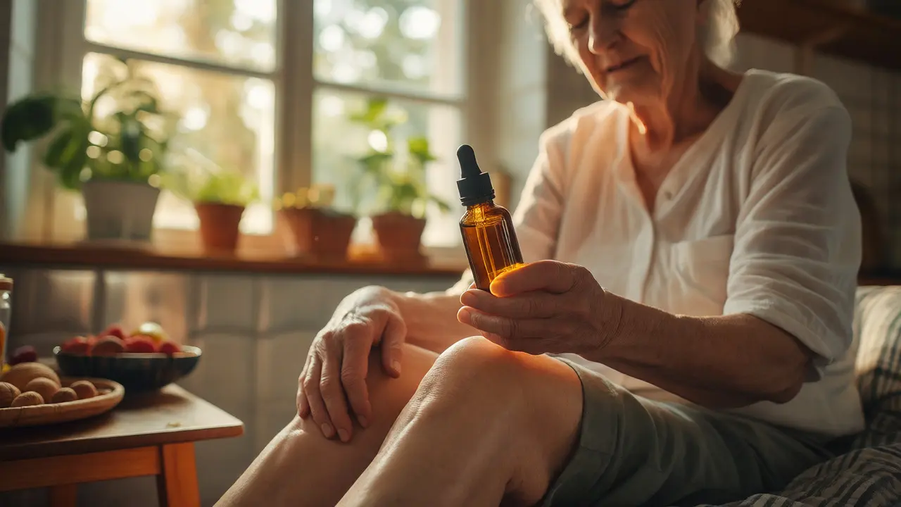 Senior v kuchyni užívající kapky konopného extraktu pro úlevu od bolesti kloubů