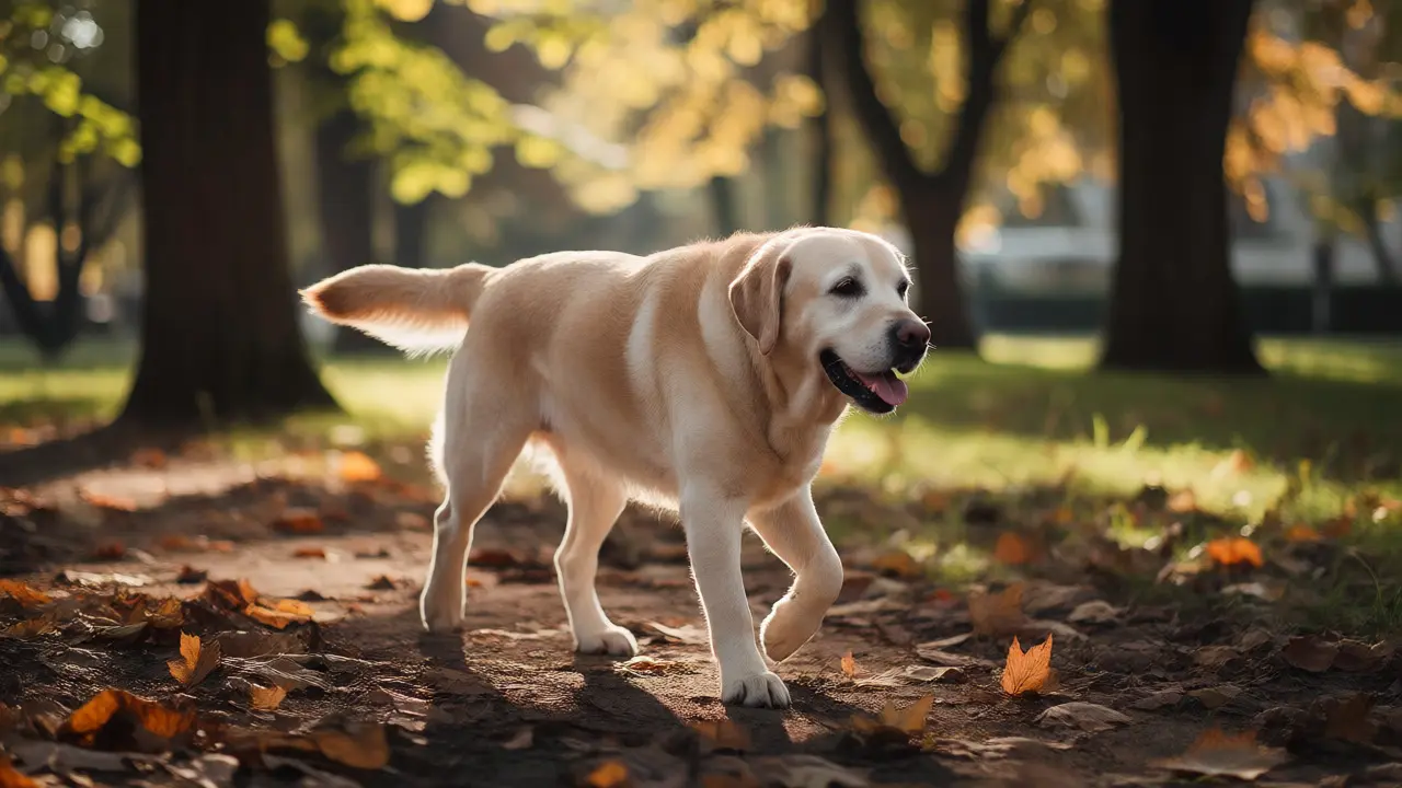 Starší labrador radostně procházející podzimním parkem