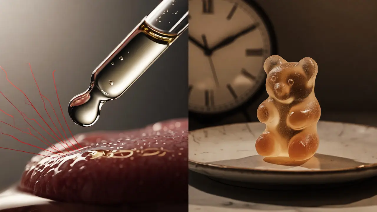 Umělecké zobrazení rozdílu mezi sublingválním olejem a jedlými produkty.