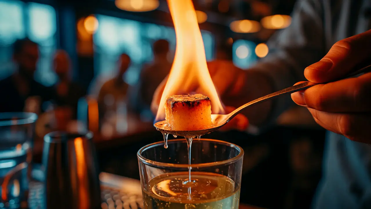 Zapálený cukr na lžičce nad sklenicí absintu, karamelizující se sirup kapající do nápoje.