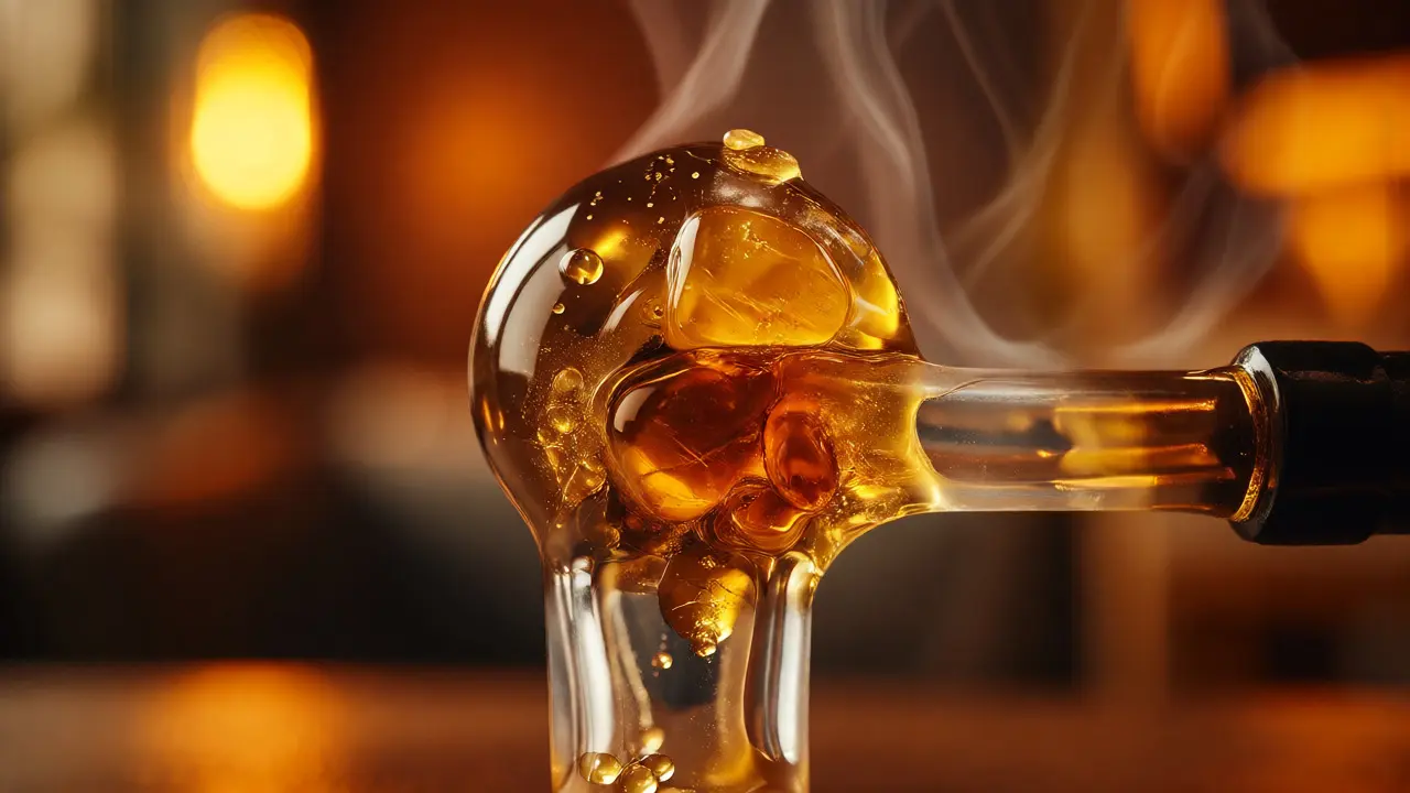 Zlatavý live resin na zahřátém nástroji uvolňující aromatickou páru při dabbingu.